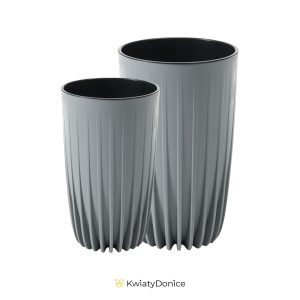 Doniczka plastikowa w prążki z wkładem okrągła szara