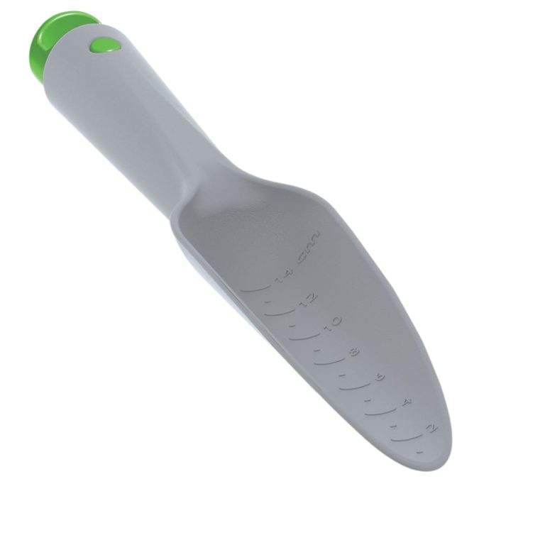 Łopatka ogrodnicza do sadzenia roślin z miarką szara