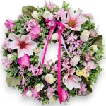 Wianek na drzwi ze sztucznych kwiatów wiosenny ręcznie robiony 45cm