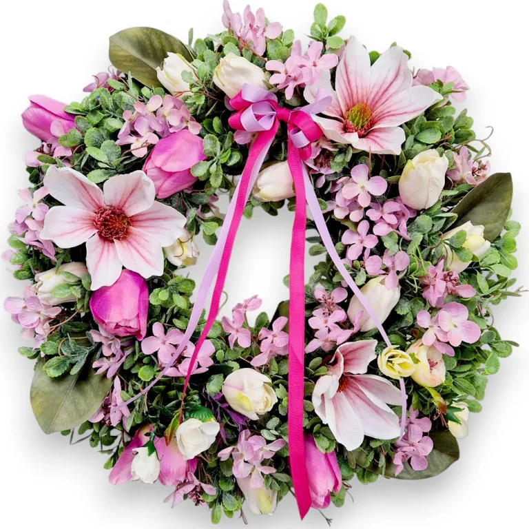 Wianek na drzwi ze sztucznych kwiatów wiosenny ręcznie robiony 45cm