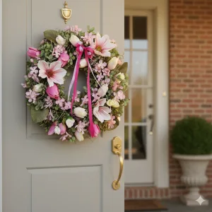 Wianek na drzwi ze sztucznych kwiatów wiosenny ręcznie robiony 45cm