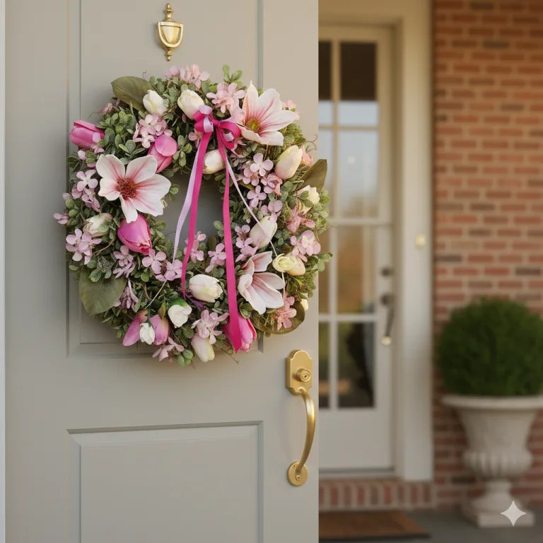 Wianek na drzwi ze sztucznych kwiatów wiosenny ręcznie robiony 45cm