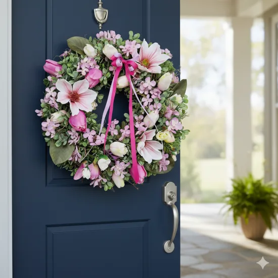 Wianek na drzwi wiosenny różowy z magnolią 45cm (5)