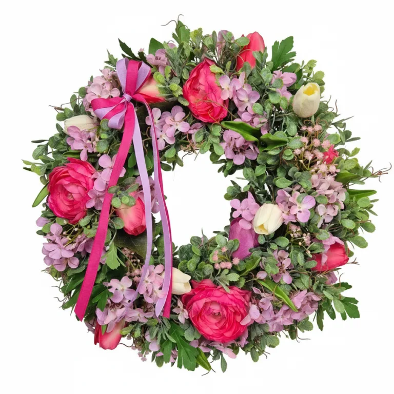 Wianek na drzwi wiosenny różowy ręcznie robiony 45cm