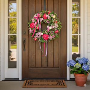 Wianek na drzwi wiosenny różowy ręcznie robiony 45cm