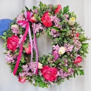 Wianek na drzwi wiosenny różowy ręcznie robiony 45cm