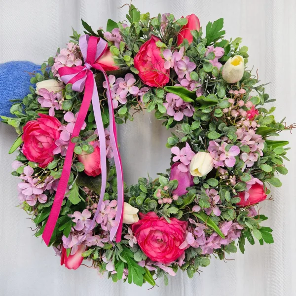 Wianek na drzwi wiosenny różowy ręcznie robiony 45cm