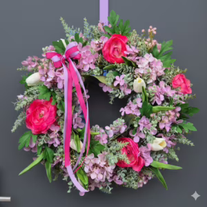 Wianek na drzwi ze sztucznych kwiatów ręcznie robiony 45cm