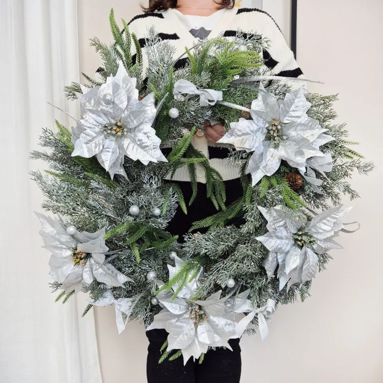 Wianek świąteczny bożonarodzeniowy sztuczny poinsecja- 60cm - ręcznie robiony
