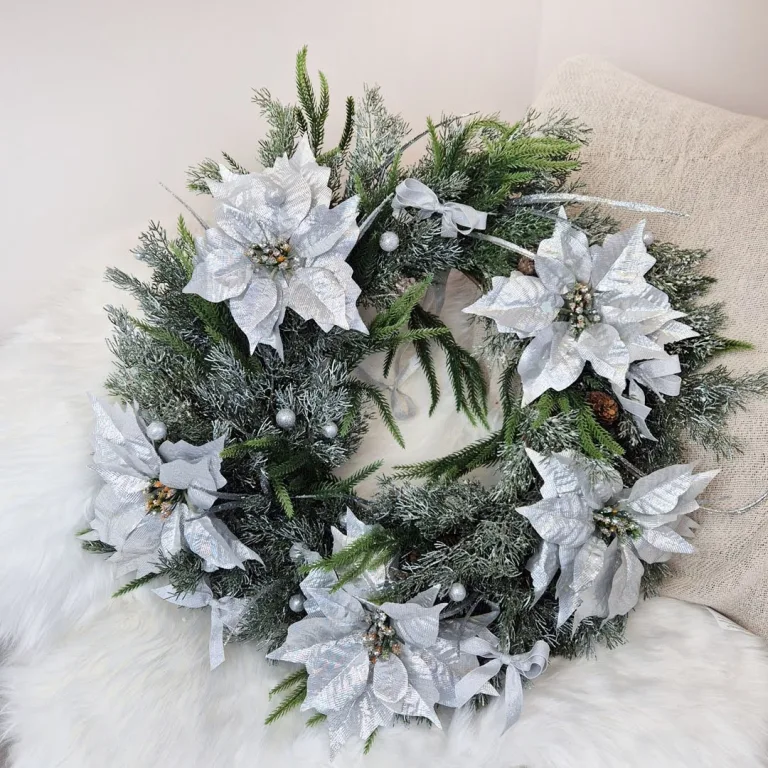 Wianek świąteczny bożonarodzeniowy sztuczny poinsecja- 60cm - ręcznie robiony