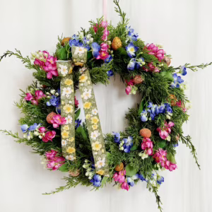 Wianek na drzwi ze sztucznych kwiatów wiosenny kolorowy 50cm