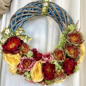 Wianek wiosenny ze sztucznych kwiatów - 40cm - ręcznie robiony