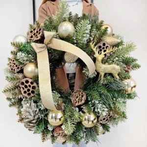 Wianek na drzwi świąteczny bożonarodzeniowy złoty z jeleniem 50cm