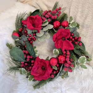 Wianek na drzwi świąteczny bożonarodzeniowy czerwone  kwiaty sztuczny 50cm
