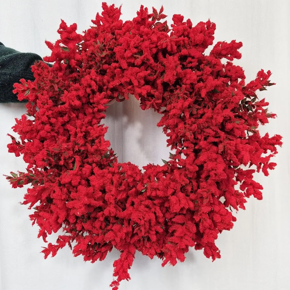 Wianek na drzwi świąteczny bożonarodzeniowy z czerwonych oprószonych gałązek 50cm