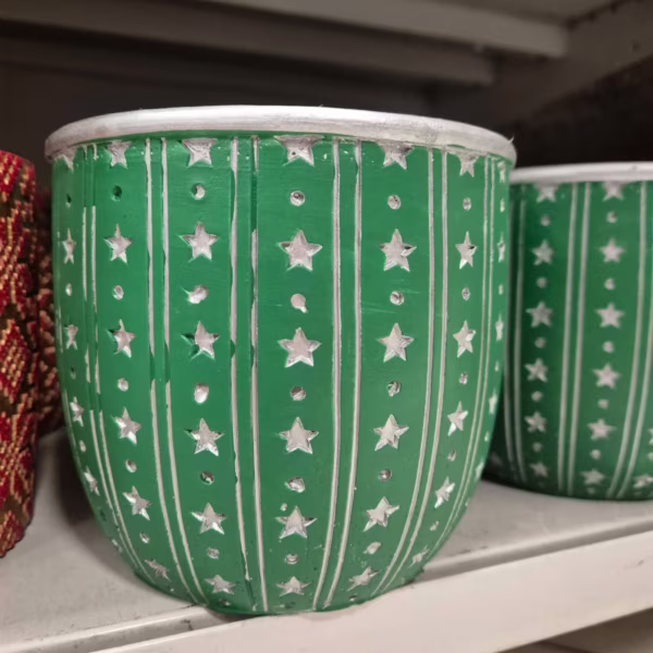 Osłonka na doniczkę ceramiczna zielona świąteczna w srebrne gwiazdki 12cm