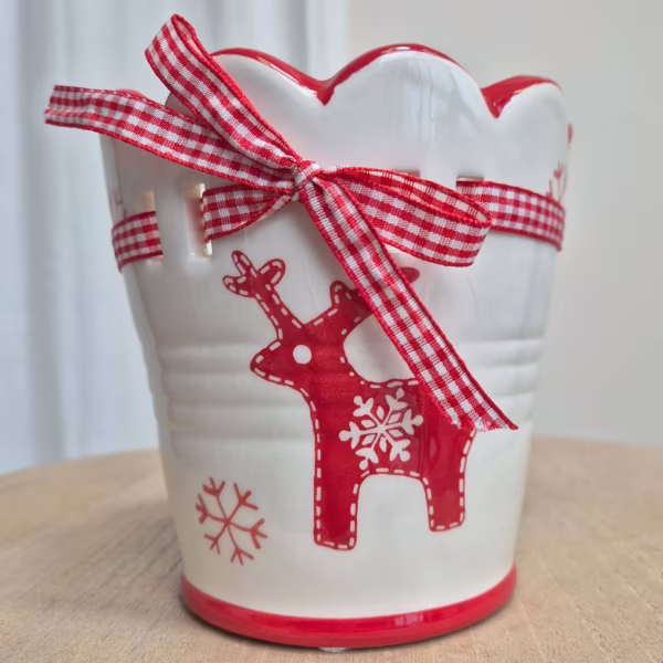 Osłonka na doniczkę ceramiczna biało-czerwona świąteczna z reniferem 11cm