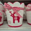 Osłonka na doniczkę ceramiczna biało-czerwona świąteczna renifer kokarda