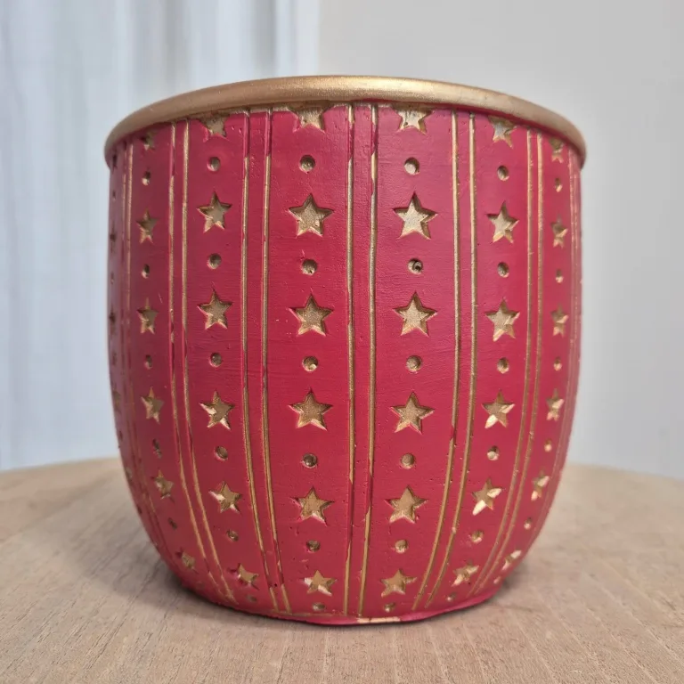 Osłonka na doniczkę ceramiczna czerwona świąteczna w złote gwiazdki 12cm