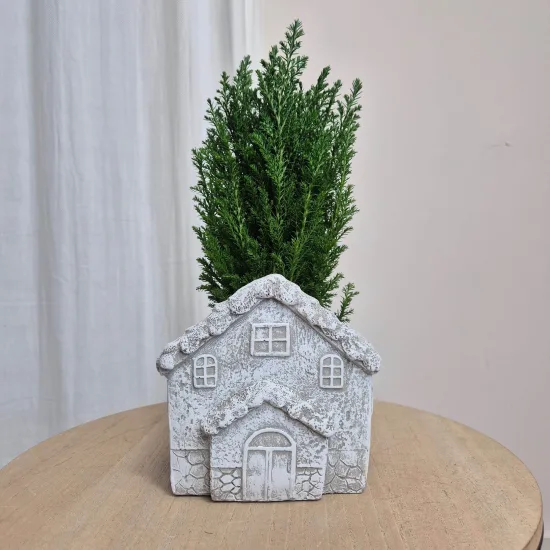 Osłonka na doniczkę betonowa beżowa w kształcie domku 12,5x7cm