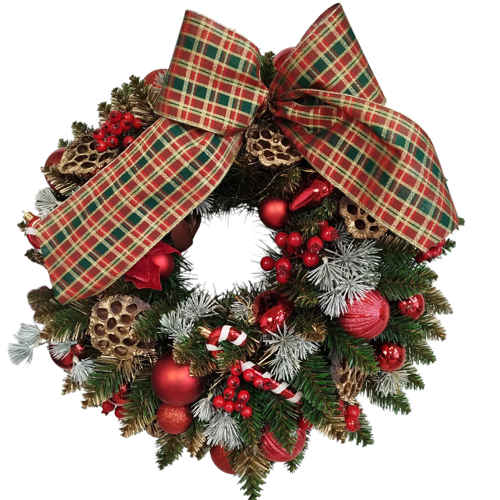 Wianek na drzwi świąteczny bożonarodzeniowy sztuczny z kokardą w kratę 50cm
