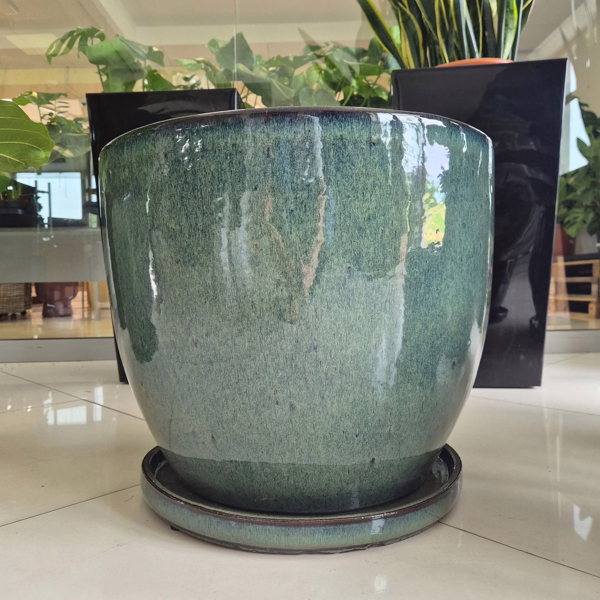 Donica ceramiczna z podstawką ciemno zielona 49cm