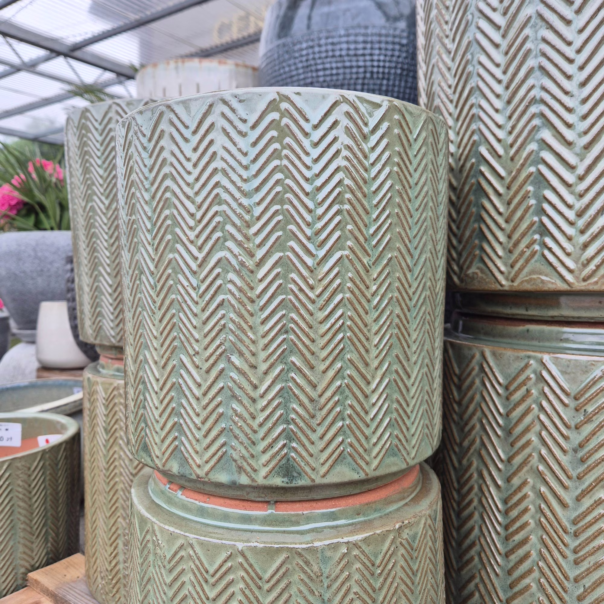 Doniczka ceramiczna okrągła w jodełkę oliwkowa zieleń 25cm