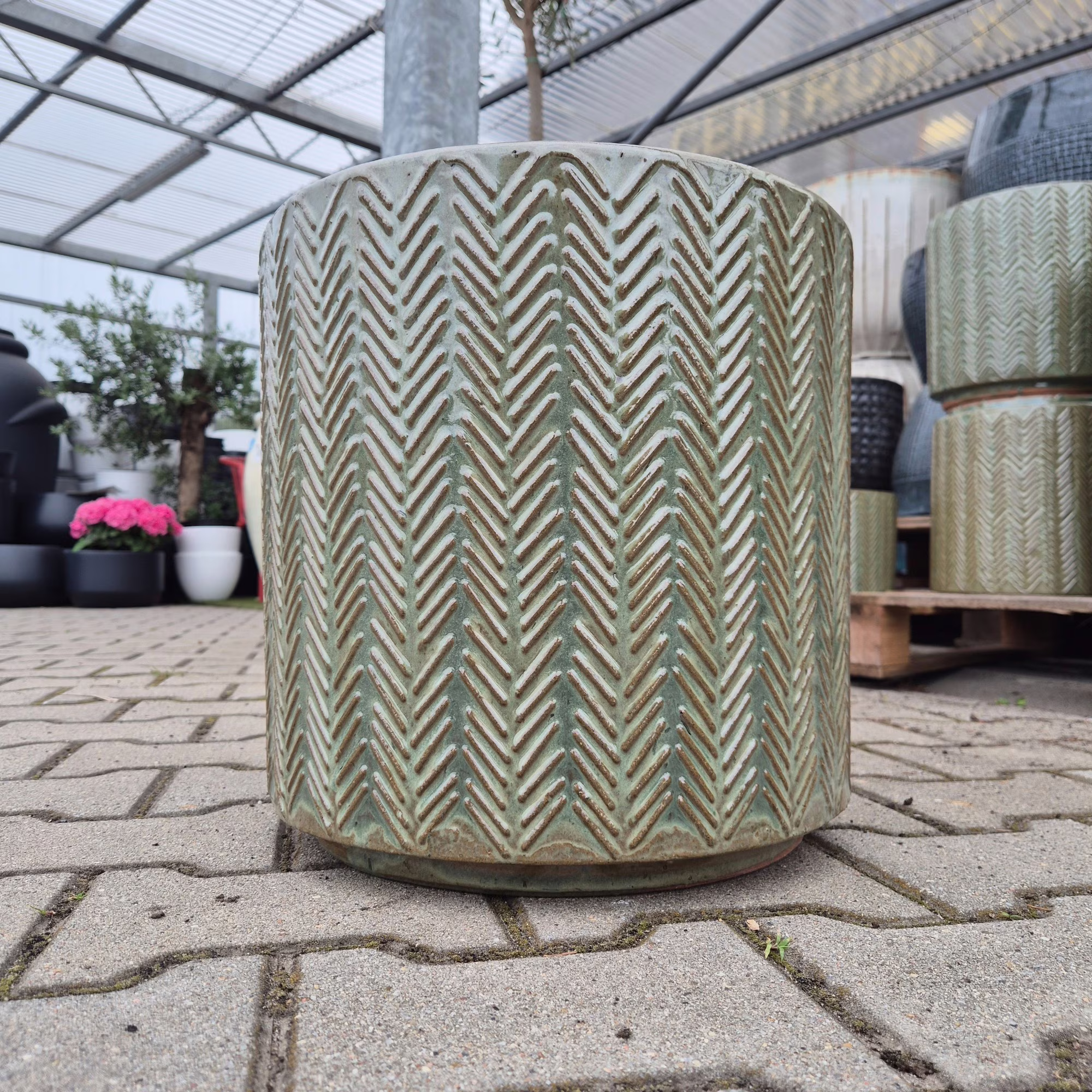 Doniczka ceramiczna okrągła w jodełkę oliwkowa zieleń 36cm